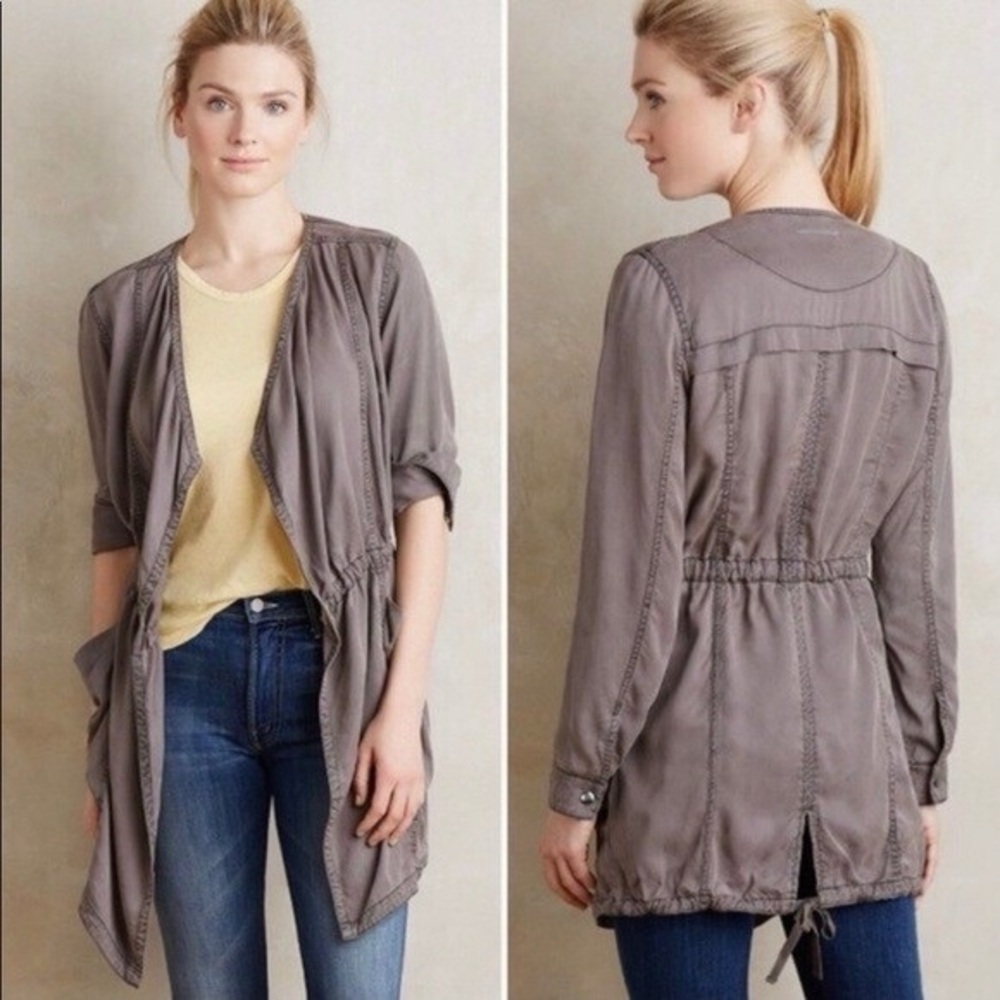 Anthropologie Hei Hei Morgan‎ Drape Front Utility Jacket open gray neutral long